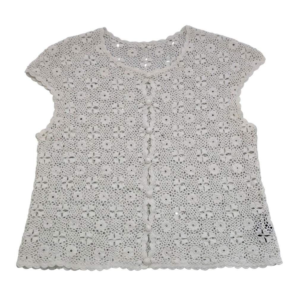 Vintage Women's White Hand Crochet Floral Knit Cardigan Vest XS